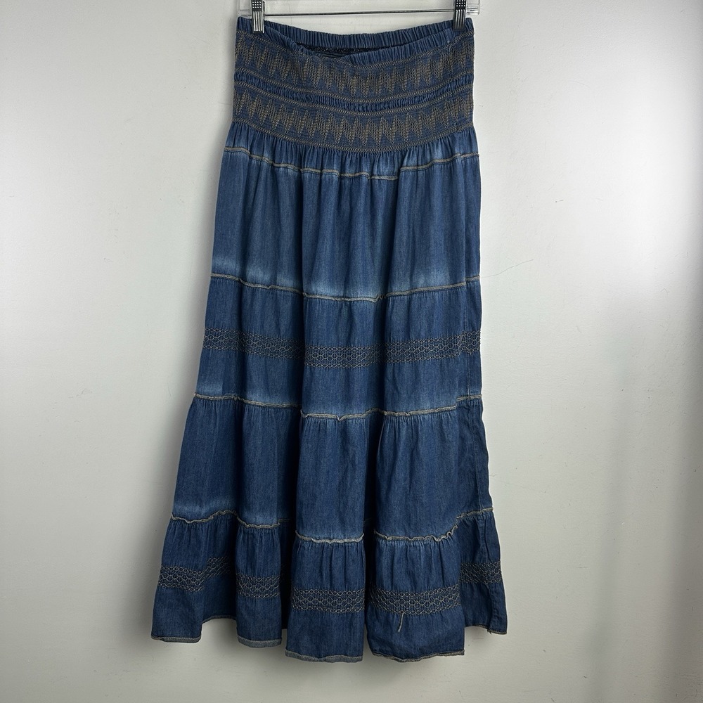 Tiered Smocked Chambray Maxi Skirt Women's L 100% Cotton Cottagecore Modest
